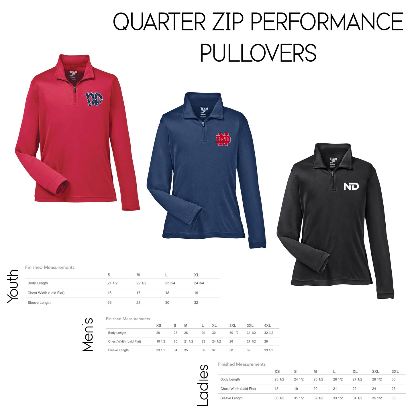 Quarter Zip Performance Pullovers - Youth, Men, Women
