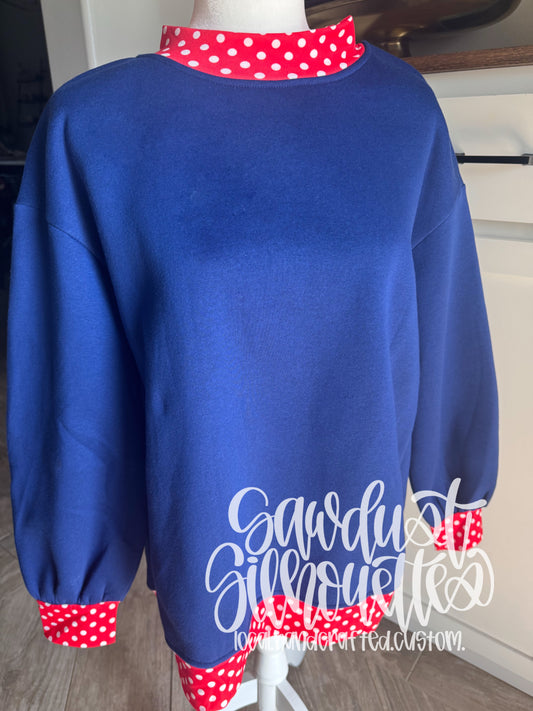 Blue & Red Polka Dot Mock Neck Sweatshirt- Sunday Stash