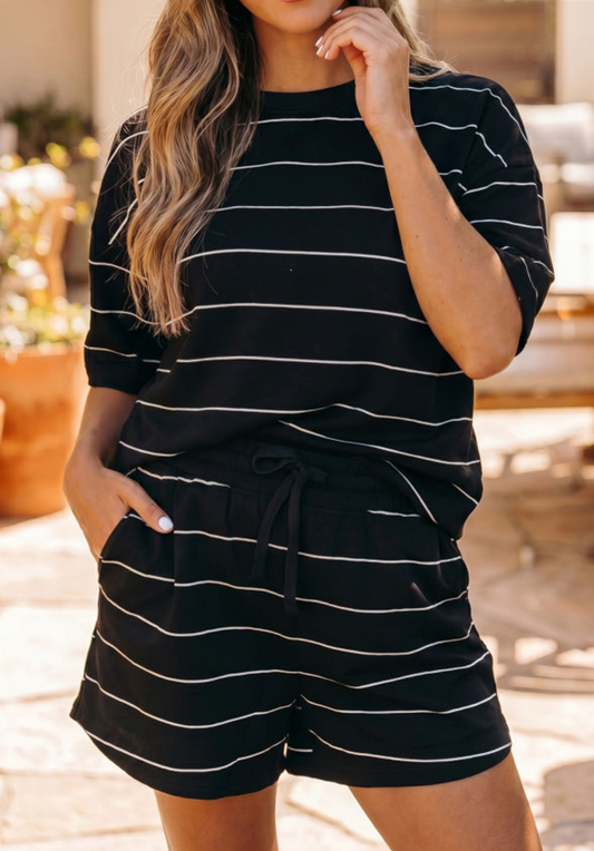 PREORDER 5/31- Ladies Short Sets- Black and White Stripes